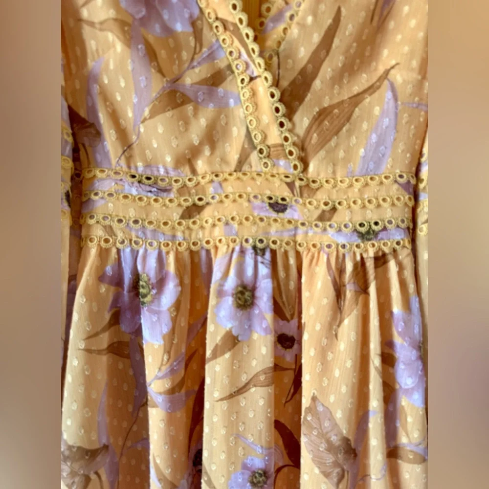 TED BAKER “Posyy” Yellow Mini V Neck Floral Dress w pockets - Picture 3 of 14